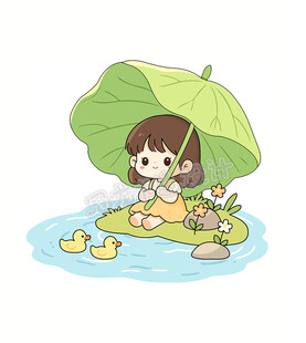 撑荷叶伞的萌娃与小黄鸭