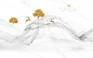新中式抽象发财树麋鹿水墨山水画