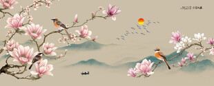 新中式玉兰花鸟画背景墙壁画