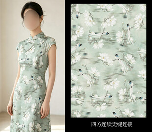 浅绿色花卉图案花鸟印花