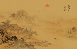 传统中式复古山水画阁楼背景墙