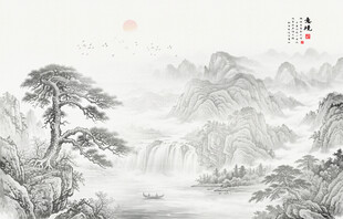 迎客松水墨画背景墙