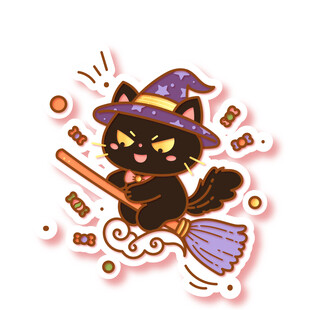 万圣节巫师帽黑猫骑扫帚卡通贴纸