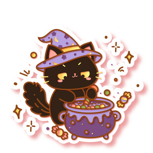 戴巫师帽黑猫熬魔法汤锅贴纸万圣