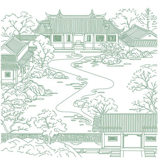 中式园林景观线描图线稿矢量图