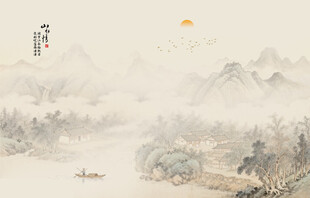 中式古风古典山水画背景壁画