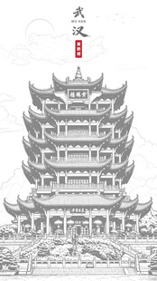 矢量手绘武汉标志古建筑黄鹤楼