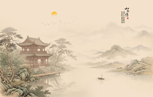新中式屏风古风水墨山水画背景墙
