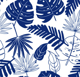 蓝白热带植物叶纹图案