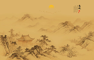 中式屏风古风背景山水画壁画壁纸