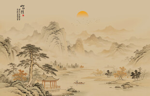 中式古风古典山水画背景壁画