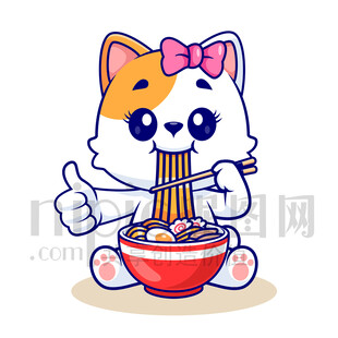 可爱小猫吃拉面插画