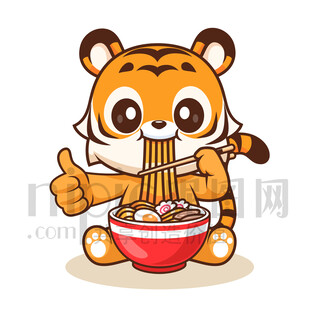 萌虎吃面条卡通插画