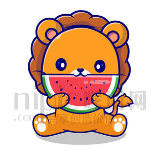 卡通小狮子吃西瓜