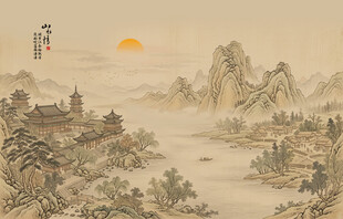 新中式屏风古风水墨山水画背景墙