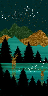 星夜山湖风景玄关装饰画