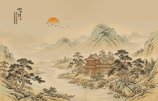 中式古风古典山水画背景壁画