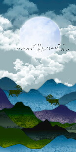月下山水风景玄关装饰画