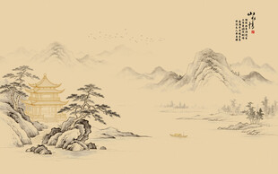 新中式古典水墨山水画背景壁画
